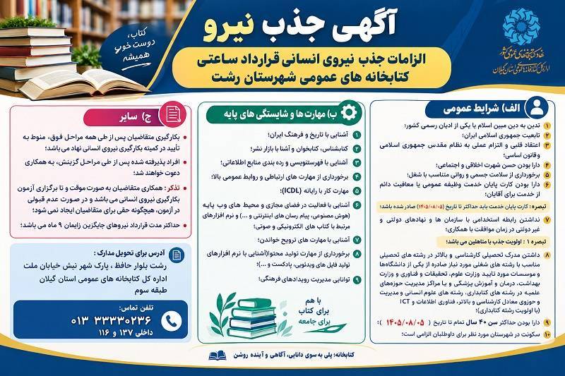 آگهی جذب کتابدار برای کتابخانه‌های عمومی رشت